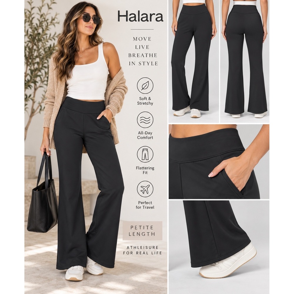 Halara Black Petite Flare Pants Large High Rise Stretch Pull On Athleisure